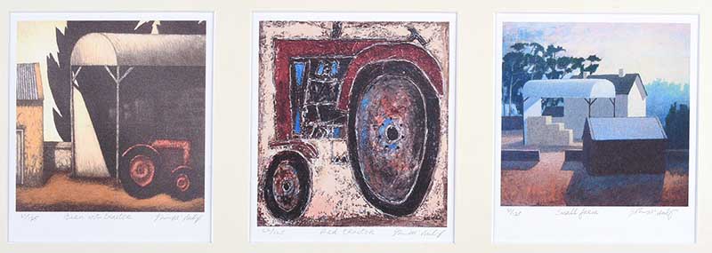 John McNulty - BARN WITH TRACTOR, RED TRACTOR & SMALL FARM - Set of Three Limited Edition Coloured