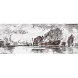Maurice Canning Wilks, ARHA, RUA - BOATS AT THE QUAYSIDE - Pen & Ink Drawing - 3 x 8 inches -