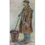 William Conor, RHA RUA - THE ROAD SWEEPER - Wax Crayon on Paper - 8.5 x 5 inches - Signed