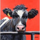 Ronald Keefer - COW ON RED - Oil on Board - 24 x 24 inches - Signed