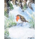 Andy Saunders - ROBIN IN SNOWFALL - Oil on Board - 10 x 8 inches - Signed
