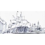 Maurice Canning Wilks, ARHA, RUA - UNLOADING AT THE DOCKS - Pen & Ink Drawing - 4 x 8 inches -