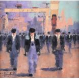 Colin H. Davidson - YARDMEN HEADING HOME - Oil on Board - 8 x 8 inches - Signed