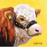 Ronald Keefer - BULL ON YELLOW - Oil on Board - 24 x 24 inches - Signed