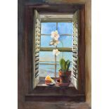 Judith W. Huey - VIEW THROUGH THE WINDOW - Oil on Board - 19 x 13 inches - Signed