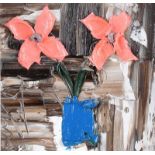 Colin Flack - PINK FLOWERS IN A BLUE VASE - Oil on Glass - 5.5 x 5.5 inches - Signed