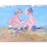 Marjorie Wilson - TWINS ON THE BEACH - Oil on Board - 8 x 9 inches - Signed