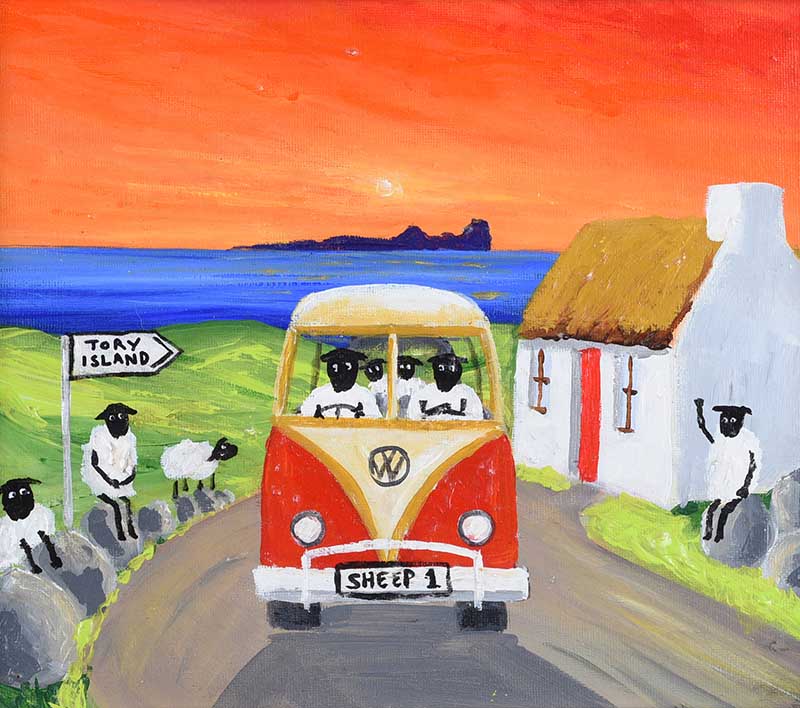 Andy Pats - ANDY PAT'S WANDERING SHEEP VISIT TORY ISLAND - Oil on Board - 10 x 12 inches - Signed in