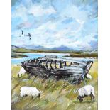 Douglas Hutton - WRECK & SHEEP, INNISHEE, CONNEMARA - Acrylic on Canvas - 20 x 16 inches - Signed in