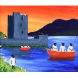Andy Pats - ANDY PAT'S WANDERING SHEEP FISHING TRIP TO NARROW WATER CASTLE - Oil on Board - 10 x