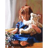 Rowland Davidson - GIRL WITH HER TEDDY BEAR - Acrylic on Canvas - 14 x 11 inches - Signed