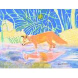 June Marshall, BA - FOX WADING AT MIDNIGHT - Acrylic on Board - 11 x 17 inches - Signed