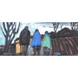 Markey Robinson - THREE SHAWLIES ON THE PATH HOME - Oil on Board - 6.5 x 14.5 inches - Signed