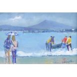 Sean Lorinyenko - THE CURRACH MEN ON DOWNINGS SEAFRONT - Watercolour Drawing - 3.5 x 5.5 inches -