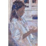 Rita Greig - THE PINK NECKLACE - Oil on Board - 10 x 7 inches - Signed in Monogram