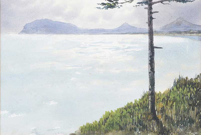William Percy French - TREE BY THE SHORE WITH DISTANT MOUNTAINS - Watercolour Drawing - 6.5 x 9