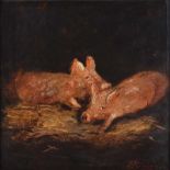 Trevor Brown - TWO PIGGIES - Oil on Board - 14 x 15 inches - Signed