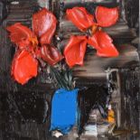Colin Flack - RED FLOWERS IN A BLUE VASE - Oil on Glass - 5.5 x 5.5 inches - Signed