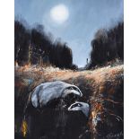 J.P. Rooney - MOONLIGHT BADGERS - Oil on Board - 13 x 10 inches - Signed