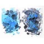 Ken Giles - BLACK ON BLUE - Diptych Watercolour Drawing - 30 x 42 inches - Signed