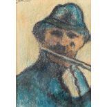 William Conor, RHA RUA - PLAYING THE FLUTE - Wax Crayon on Paper - 10 x 7 inches - Signed