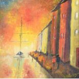 Hayley Huckson - LIFE AT THE DOCKS - Oil on Canvas - 16 x 16 inches - Signed