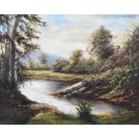 Irish School - TREES BY THE RIVER BANK - Oil on Canvas 16 x 20 inches - Signed