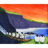 Andy Pats - ANDY PAT'S WANDERING SHEEP VIST CARRICK A REDE ROPE BRIDGE - Oil on Board - 10 x 12
