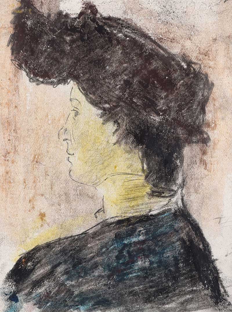 William Conor, RHA RUA - PORTRAIT OF A WOMAN - Wax Crayon on Paper - 4.5 x 3 inches - Signed