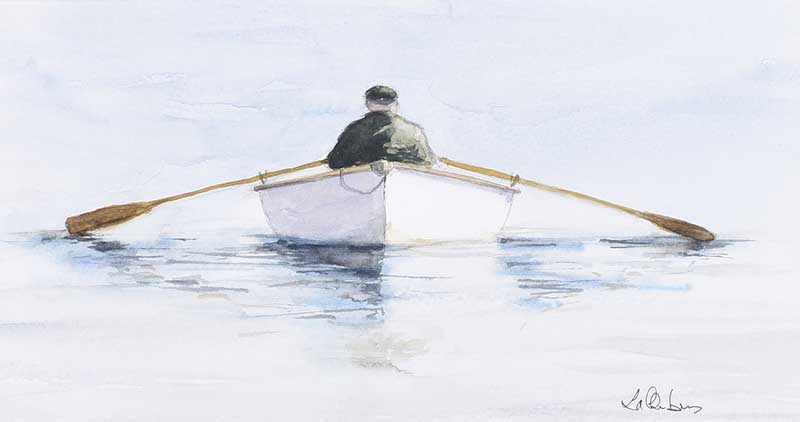 Lawrence Chambers - MAN IN A ROWING BOAT - Watercolour Drawing - 5.5 x 10 inches - Signed