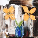 Colin Flack - YELLOW FLOWERS IN A BLUE VASE - Oil on Glass - 5.5 x 5.5 inches - Signed