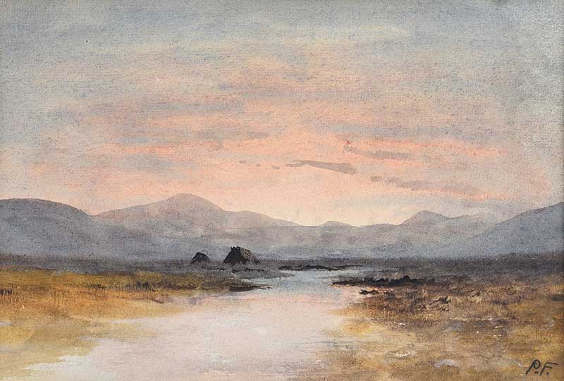William Percy French - TURF STACKS & BOGLANDS - Watercolour Drawing - 6.5 x 9 inches - Signed in