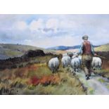 Charles McAuley - DRIVING SHEEP - Coloured Print - 6 x 8 inches - Unsigned