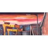 John Stewart - ACROSS THE ROOFTOPS - Oil on Canvas - 9.5 x 20 inches - Signed