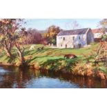 Donal McNaughton - CATTLE GRAZING BY THE RIVER - Oil on Board - 20 x 30 inches - Signed