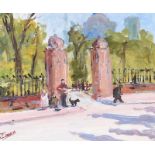 Terence C. Crosby - BUSKERS AT THE PARK ENTRANCE - Acrylic on Board - 14 x 16 inches - Signed