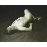 Stephanie Rew - DRAPED SERIES II, OPAQUE RECLINE ON FLOORBOARDS - Oil on Canvas - 32 x 40 inches -