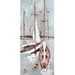 Markey Robinson - SAIL BOATS IN HARBOUR - Mixed Media - 31 x 14.5 inches - Unsigned