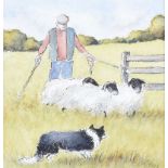 Mary Hoey - TENDING SHEEP - Watercolour Drawing - 8 x 8 inches - Signed