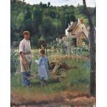 Irish School - HELPING THE GARDENER - Oil on Canvas - 31 x 25 inches - Unsigned