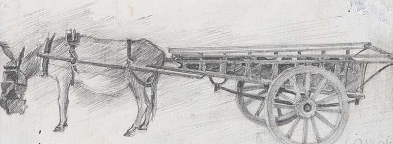 William Conor, RHA RUA - DONKEY & CART - Pencil on Paper - 2 x 5 inches - Signed