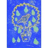 Gerard Dillon - PARTRIDGE IN A PEAR TREE - Woodblock Coloured Print with Watercolour - 4.5 x 3.5
