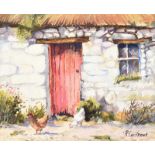 Ray Cochrane - TWO CHICKENS BY THE RED DOOR - Oil on Canvas - 10 x 12 inches - Signed