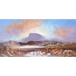 William Cunningham - TENDING SHEEP NEAR MUCKISH, DONEGAL - Oil on Board - 8.5 x 17 inches - Signed