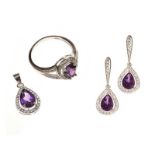 SUITE OF STERLING SILVER AND CRYSTAL JEWELLERY SET WITH AMETHYST