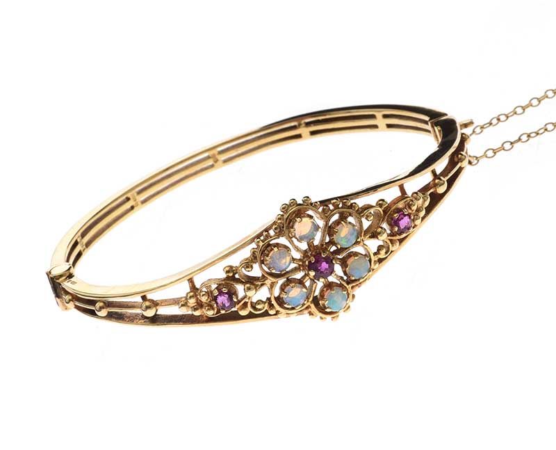 VICTORIAN 9CT GOLD OPAL AND RUBY BANGLE