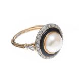 9CT GOLD PEARL, DIAMOND AND ENAMEL RING
