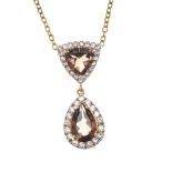 14CT GOLD SMOKEY QUARTZ AND SAPPHIRE PENDANT ON 9CT GOLD CHAIN