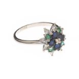 9CT WHITE GOLD SAPPHIRE, EMERALD AND DIAMOND RING