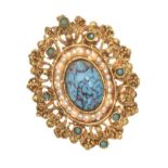 GOLD-TONE SEED PEARL AND TURQUOISE BROOCH